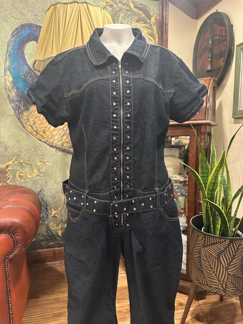 Goddess Plus Size 18 Denim Jumpsuit Rhinestone Belted Western Boho Y2K Flare XL - Picture 4 of 14